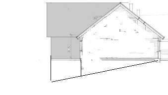 Ritning av ett hus med planerat utbyggnadsprojekt i vinkel, visar befintlig takkonstruktion och potentiell nybyggnation med öppet till nock.