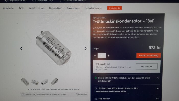 Bild på en tvättmaskinskondensator, 18uF, med priset 373 kr, som visas på en produktinformationssida för reparation av tvättmaskiner.