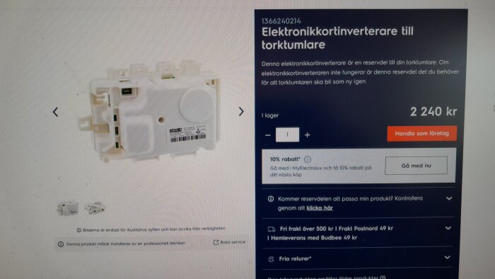 Elektronikkortinverterare för torktumlare, beskrivning och pris i en webbutik. Left: bild av produkten; Right: text och köpknapp.