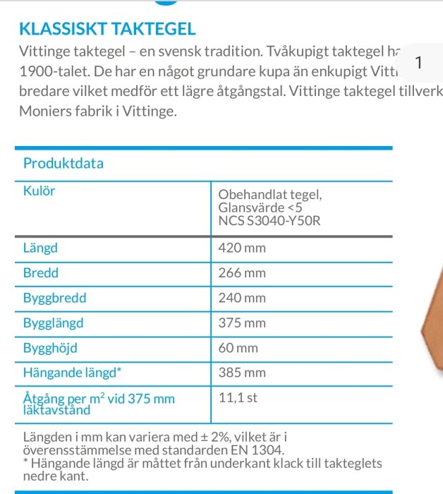 Produktdatablad för Vittinges tvåkupigt taktegel, inklusive mått som längd, bredd och hängande längd, samt kulörspecifikation och åtg. per m².