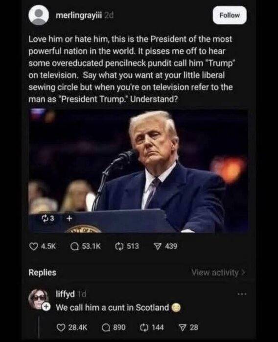 Kommentarsinlägg med en bild av en talande man i kostym vid podium och textdiskussion om titel på offentlig person.