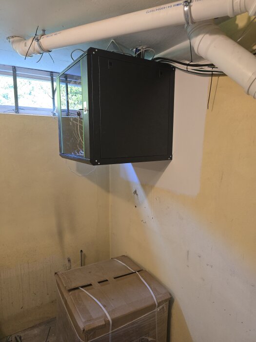 Väggmonterat svart rackskåp under takrör i källarutrymme, kablar och rör synliga. Kartong på golvet under. Fönster högt upp på väggen.