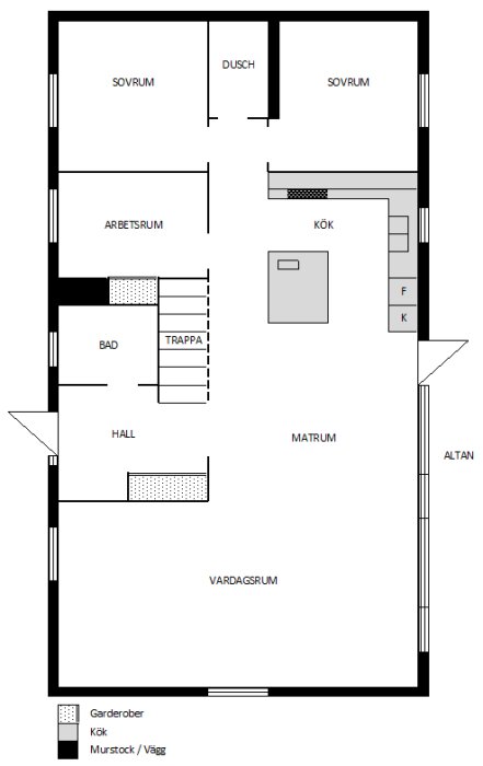 Planskiss över ett hus med två sovrum, dusch, arbetsrum, kök, badrum, hall, trappa, matrum, vardagsrum och altan.