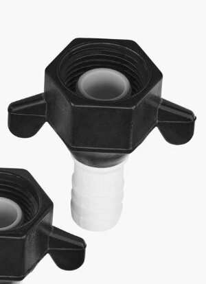 Koppling för att ansluta en 12V vattenpump till en trädgårdsslang, med en gängad svart plastmutter och vit anslutningsdel.