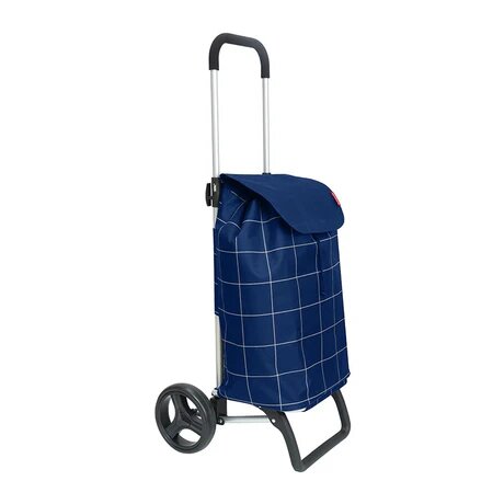 Blå shoppingvagn med vitrutigt mönster och två hjul.