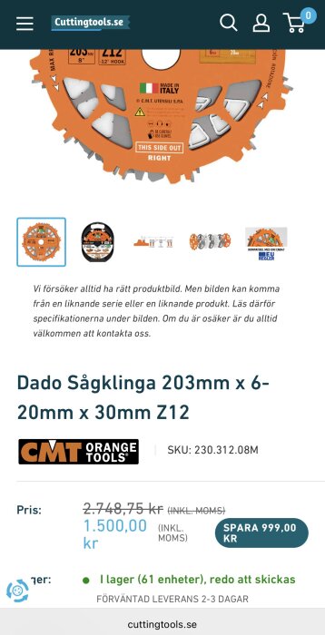 CMT dadoklinga från Italien, orange, specifikation 203mm x 6-20mm x 30mm Z12, visas med detaljer som varningstext och handskymbol.