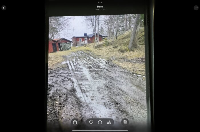 Lerig infart vid hus, omgiven av träd och sluttande mark, frågeställning om dränering vid vårflod från berg.
