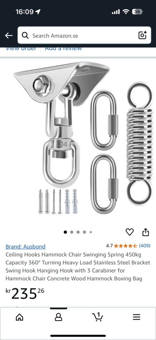 Fäste för hängstol i rostfritt stål med fjäder, karbinhakar och skruvar för montering. Kapacitet: 450 kg.