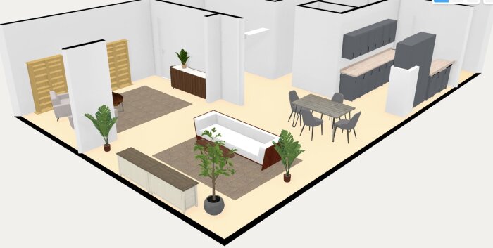 3D-modell av ett rum i Floorplanner, visar möbler som soffa, matbord och skåp, samt växter och mattor.