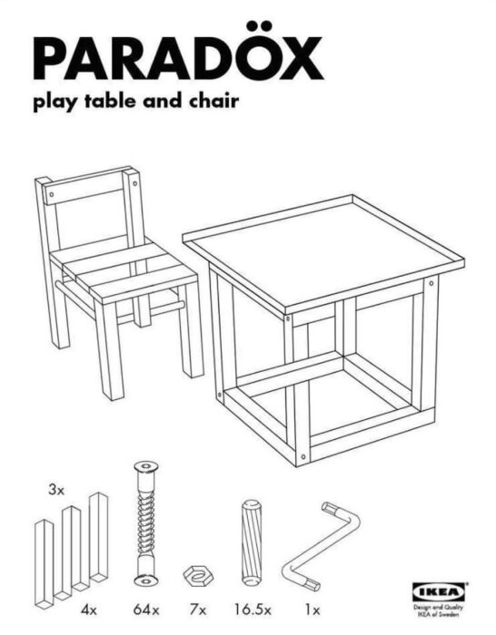 Monteringsanvisning för IKEA barnbord och stol, med illustration av en stol och ett bord samt nödvändiga delar som skruvar och verktyg.
