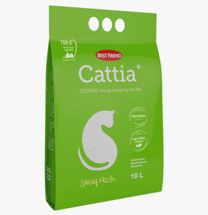 Grön förpackning med texten "Cattia" och "Spring Fresh", innehåller doftande klumpbildande kattsand, 10 liter, varumärket "Best Friend".