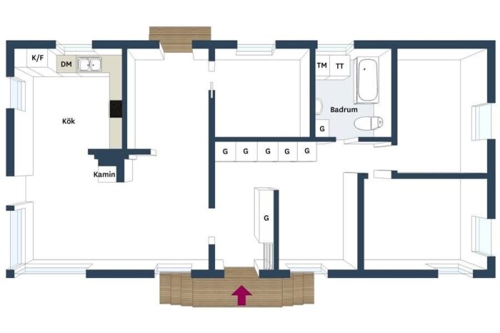 Planskiss över ett hus med kök, badrum, kamin och flera rum. Kök utrustat med kyl/frys och diskmaskin. Garderober markerade med "G".
