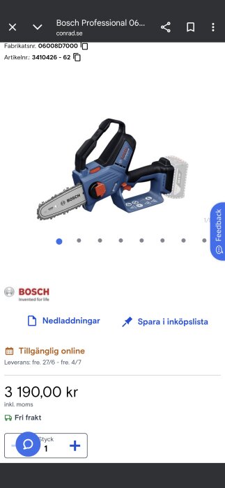 En Bosch batteridriven motorsåg visas med ett pris på 3 190 kr, inklusive moms och fri frakt.