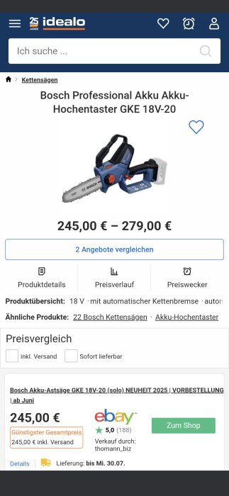Bosch Akku-Hochentaster GKE 18V-20 visas på en prisjämförelsesida med priser mellan 245,00 € och 279,00 €.