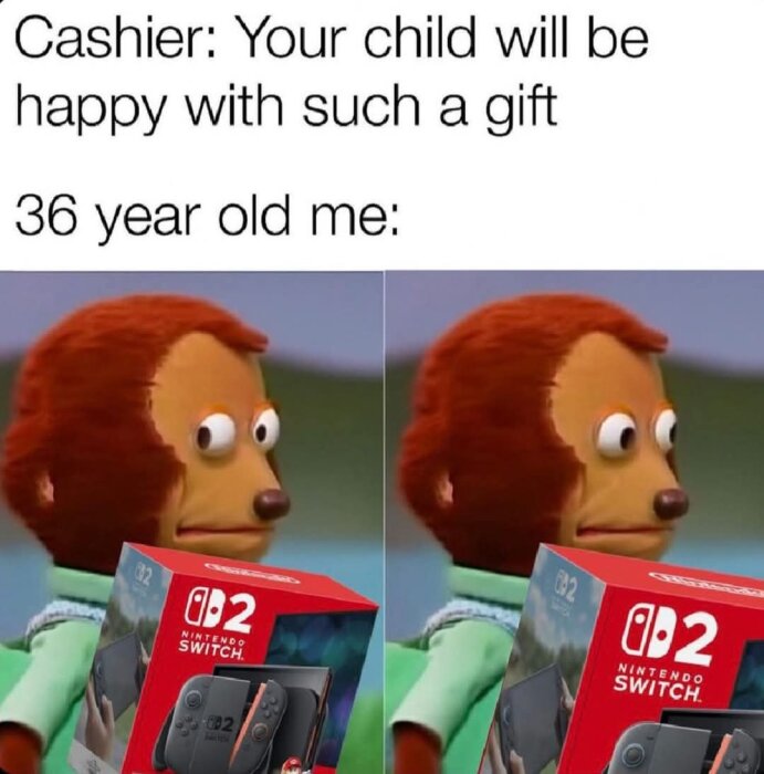 En meme där en animerad apa ser osäker ut samtidigt som den håller en Nintendo Switch. Texten ovan antyder att presenten är till "ditt barn".