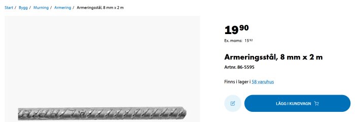 Armeringsstång, 8 mm tjock och 2 meter lång, visas mot en vit bakgrund med prisinformation och köpknapp.