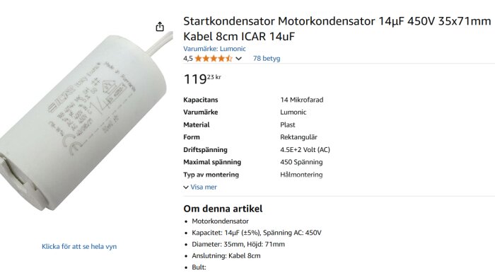 Startkondensator ICAR 14µF, 450V, vit plastcylinder med märketikett och kabel, säljs för 119,23 kr. Varumärke: Lumonic.