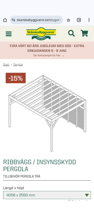 Illustration av en pergola med ribbvägg och insynsskydd, erbjudande om 15% rabatt. Mått: 4056 x 2550 mm.