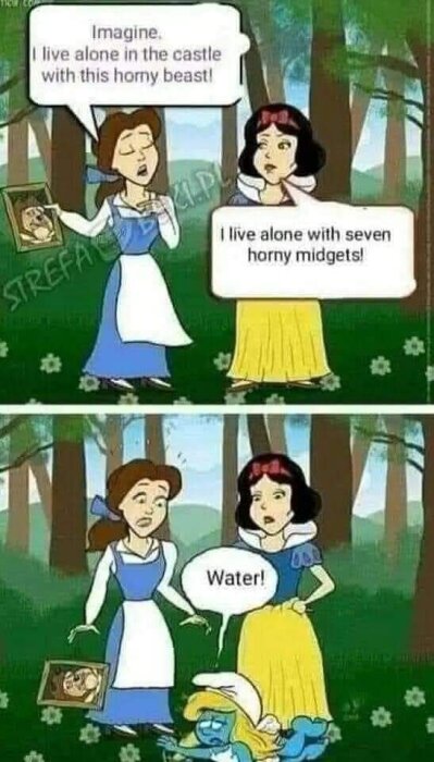 Två animerade karaktärer diskuterar i skogen; en håller ett porträtt, en smurf faller nedanför och ropar "Water!