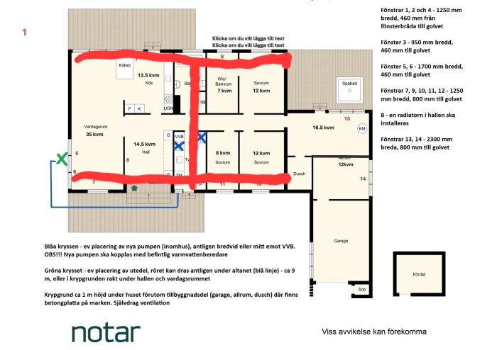 Planskiss av hus med röd markering för diskuterat 2-rörssystem, blå och grön markering för pumpplacering, samt rum- och fönsterbeskrivningar.