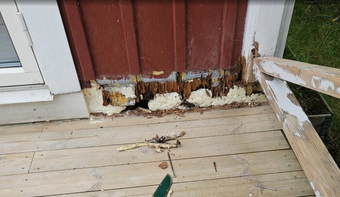 Rött hus med skadad träfasad vid altan, visar rötskador och isoleringsmaterial. Bredvid finns träbitar, verktyg och skruvar på trädäck.