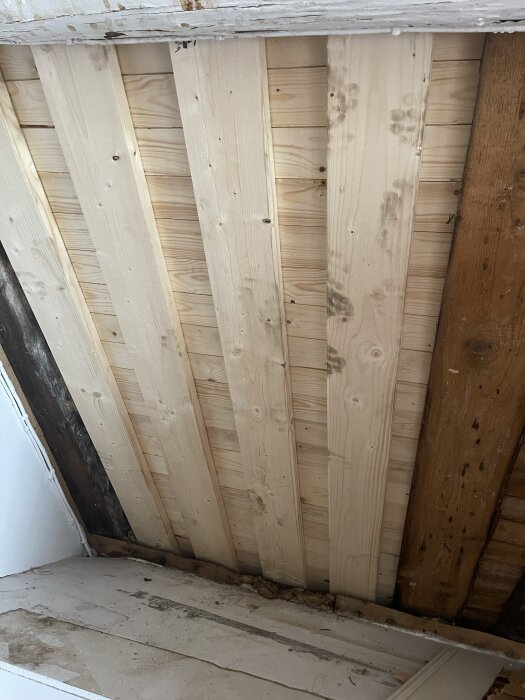 Trätak med breda reglar utan takstolar, inga mellanrum mellan plankorna, i en sommarstuga.