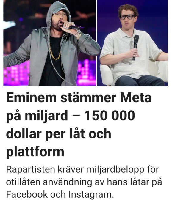 Rapparens stämning mot Meta, nyhetsrubrik med två personer; en i grå hoodie på scen och en i vit skjorta med mikrofon i fåtölj.