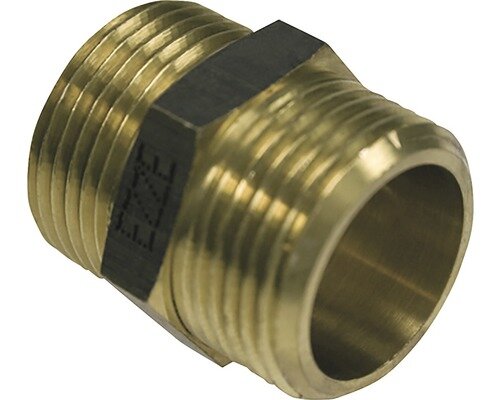 Mässing sexkantnippel med gängor, används i VVS för att koppla rör och tillbehör. Idealisk för att täta med lin och locher.