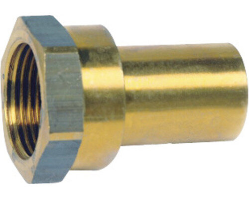 Invändigt gängad, cylindrisk mässingsadapter med slät ände, rekommenderad för anslutning med sexkantnippel vid rörinstallation.