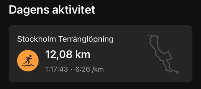 Löprunda i Stockholm terräng, 12,08 km, varaktighet 1 timme 17 minuter 43 sekunder, tempo 6:26 per km, rutt visas som karta.