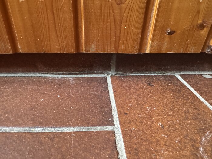 Klinkergolv med synliga sprickor och ojämn fog intill träpanel i ett äldre badrum.