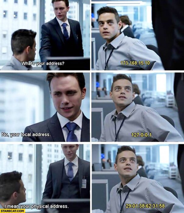 Två män i ett kontor pratar om IP-adresser och fysisk adress.