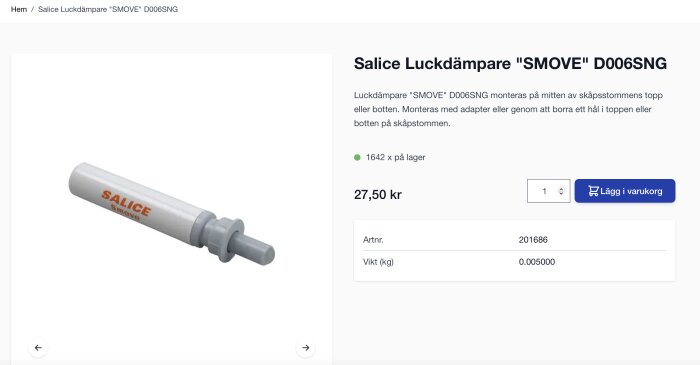 Luckdämpare "SMOVE" D006SNG från Salice, visas mot vit bakgrund med produktdetaljer och köpknapp.