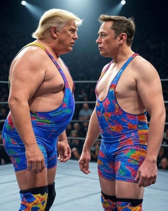 Två män i brottardräkter stirrar på varandra i ringen, båda iförda färgglada trikåer inför en publik.