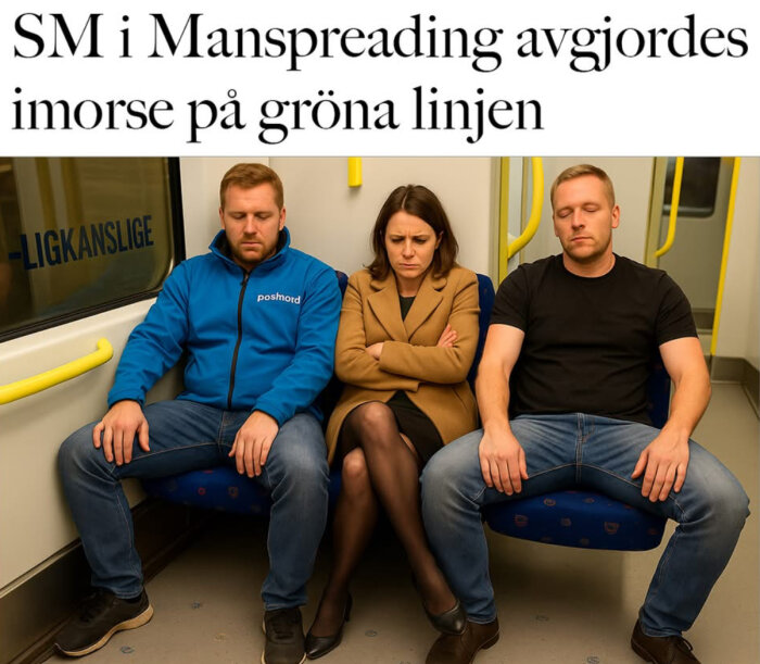 Tre personer sitter bredvid varandra på tunnelbanan, två män med breda ben och en kvinna med armarna i kors, ser irriterad ut.