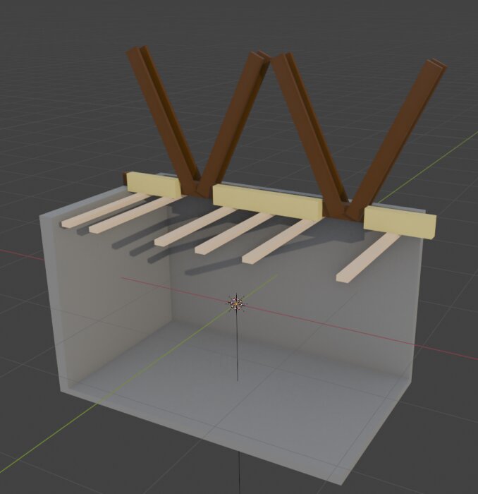 Illustration av ramtakskonstruktion med ojämna takstolsbalkar, glest virke och förslag på lösningar för ett jämnt gipstak i sommarstuga.