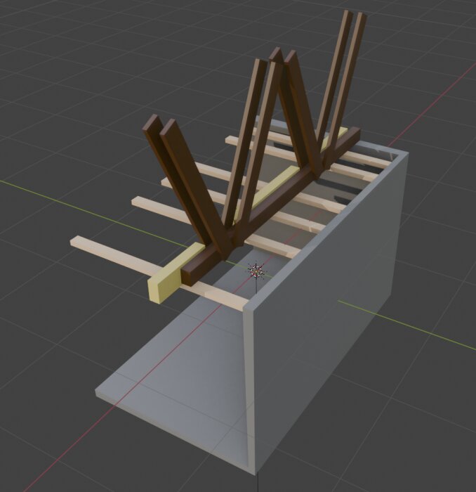 3D-modell av takstolar och stöttor för sommarstugerenovering, visar konstruktion och montering av glespanel och bärlina.