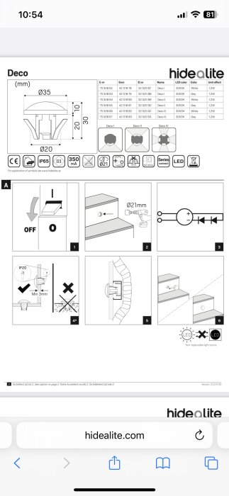 Ritningar och instruktioner för Hidealight Deco spotlight, inklusive mått, monteringsanvisningar och specifikationer för installation.