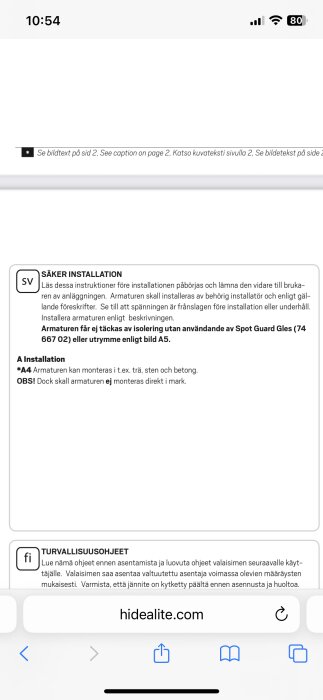 Installationsanvisningar för armaturer från hidealite, inklusive säkerhetsinstruktioner och monteringstips för trästolpar.