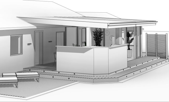 3D-rendering av planerad make-over av altan och uterum, med räcken, krukväxter och möbler på verandan.