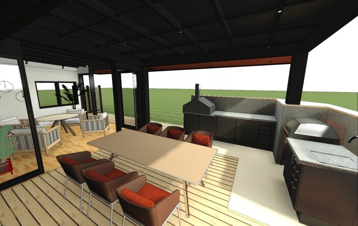 3D-rendering av en altan med utekök, matbord, stolar, soffgrupp och växter, omgiven av grönska i bakgrunden.