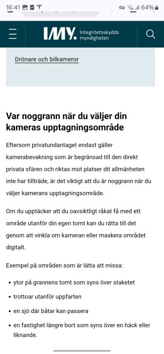 Skärmbild av IMY:s webbplats med riktlinjer om kamerans upptagningsområde och digital maskering.