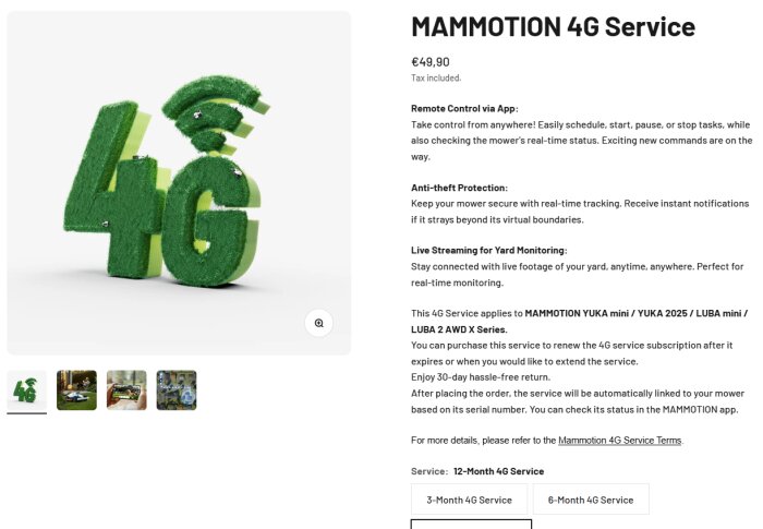 Grön text med 4G och en trådlös symbol ovanpå, representerar Mammotion 4G tjänst för fjärrstyrning via app.