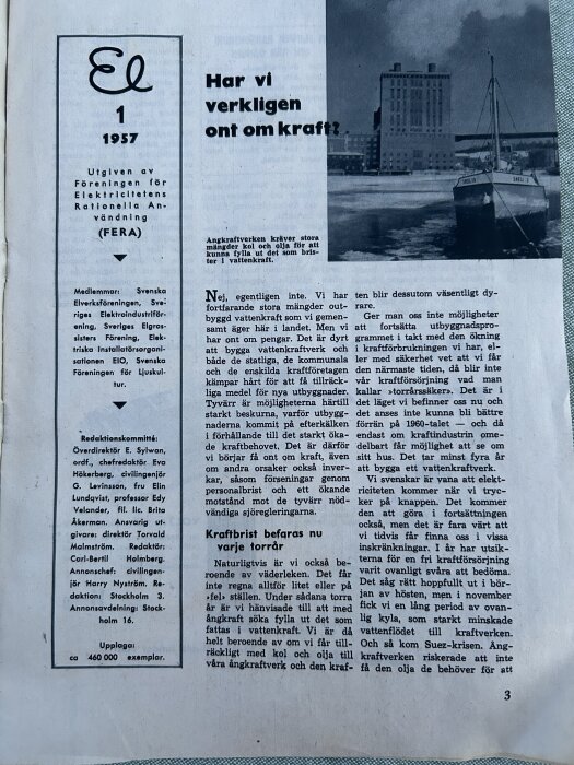 Tidning El från 1957 av FERA med artikeln "Har vi verkligen ont om kraft?" och en bild på en båt med text om bristen på kol och olja för vattenkraft.