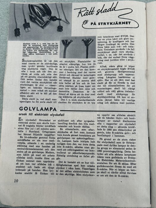 Tidningssida med rubriken "Rätt sladd på strykjärnet", innehållande text och illustrationer om strykjärnssladdar och säkerhet vid användning.