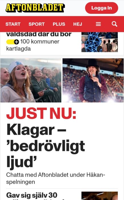 Aftonbladets hemsida med artikelrubrik om klagomål på dåligt ljud under konsert, bilder på publik och artist på scen.