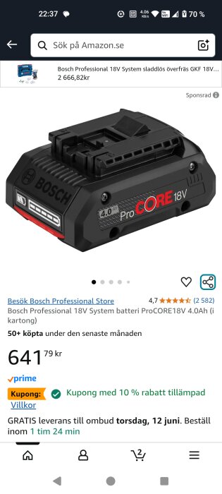 Bosch ProCORE 18V batteri 4.0Ah på Amazon med rabattkupong, kostar 641 kr.