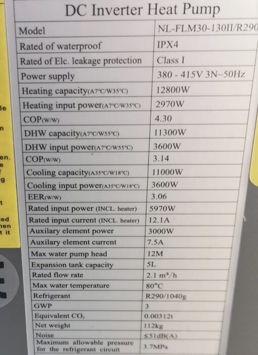 Etikett med specifikationer för DC inverter värmepump. Inkluderar modellnummer, värme- och kylkapacitet, strömförsörjning, ljudnivå och kylmedel R290.