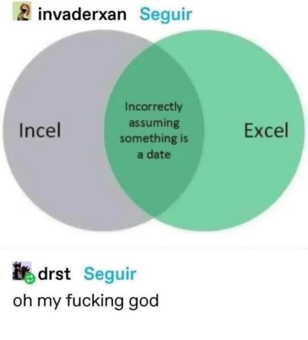 En Venn-diagram som visar överlappningen mellan "Incel" och "Excel" med texten "Incorrectly assuming something is a date".