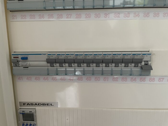 Elcentral med säkringar, de första tre är femledare på fasaden, minireningsverk på samma rad.